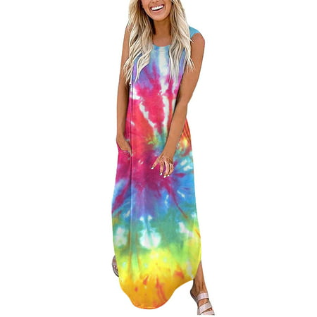 CLZOUD Flowy Summer Dresses Multicolor Chiffon Women Casual Fashion Print Round Neck Pocket Loose Dress Beach Dress Holi Dress L