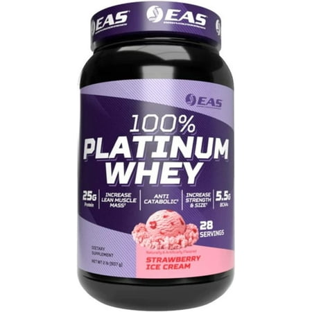 EAS 100% Platinum Whey Protein 3 Ultra-Platinum Whey Proteins Increase Size & Strength 25g Protein  5.5g BCAAs 2 Pound Strawberry Ice Cream