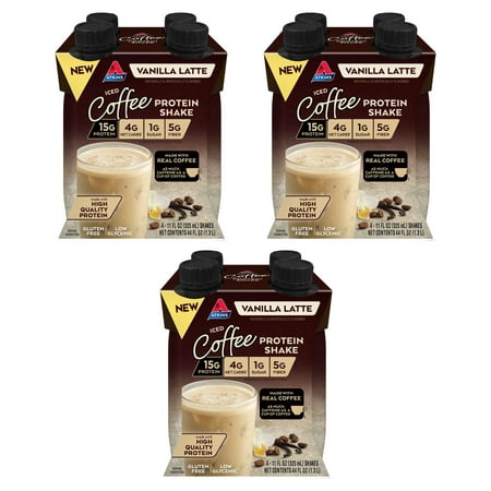 (3 Pack) Atkins Iced Coffee Vanilla Latte High Protein Shake  Low Carb  Low Sugar  Keto Friendly  4 Ct