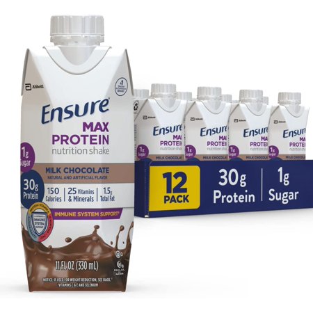 Ensure Max Protein Nutrition Shake with 30g of Protein  1g of Sugar  High Protein Shake  Milk Chocolate  11 Fl Oz (Pack of 12)