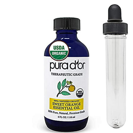 PURA D or Organic Sweet Orange Essential Oil (4oz with Glass Dropper) 100% Pure & Natural Therapeutic Grade for Hair  Body  Skin  Scalp  Aromatherapy 