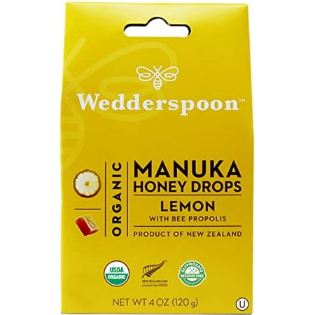 Wedderspoon Organic Manuka Honey Drops  Lemon & Bee Propolis  20 Count (Pack of 1) | Genuine New Zealand Honey | Perfect Remedy for Dry Throats