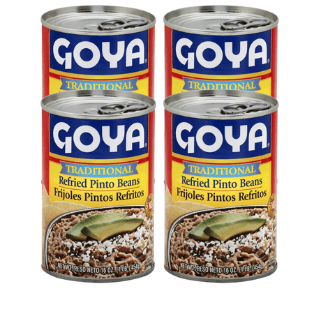Goya Refried Pinto Beans Traditional  16 Oz Can Authentic & Chunky Smooth Vegan Beans Pack of 4 & CUSTOM Storage Carrier
