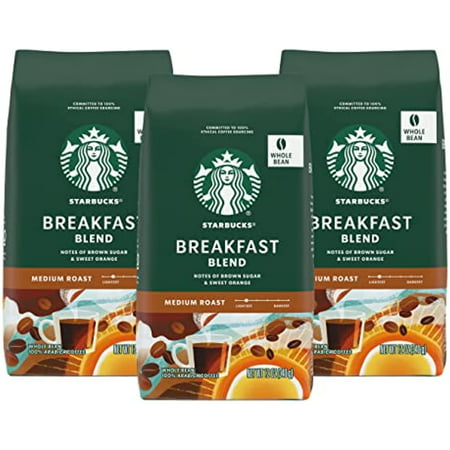 Starbucks Whole Bean Breakfast Blend Coffee  Medium Roast  100% Arabica Coffee  12 Oz (Pack of 3)