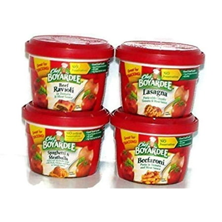 Chef Boyardee Variety Pack Microwavable Bowls 4 Pack (7.5 Oz. Each) - Beef Ravioli  Spaghetti & Meatballs  Beefaroni  Lasagna - Small Storage Space Fr