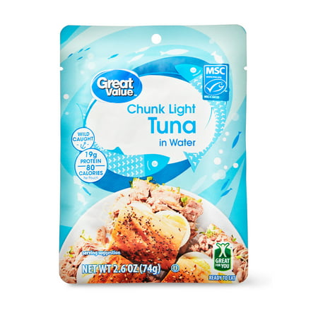 (6 Pack) Great Value Chunk Light Tuna in Water  2.6 Oz Pouch