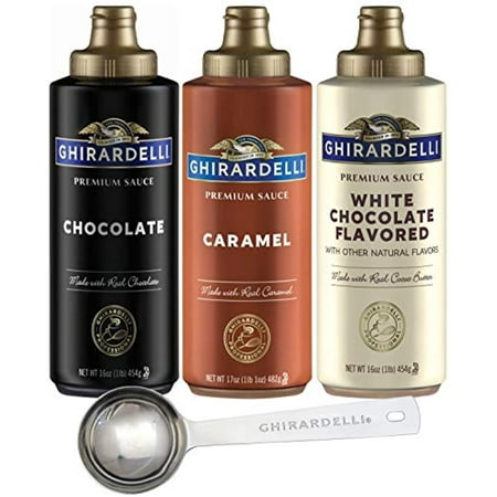 Ghirardelli - 16 Oz Chocolate  16 Oz White Chocolate Flavored  17 Oz Caramel Sauce Squeeze Bottle - Set of 3 with Ghirardelli Stamped Barista Spoon