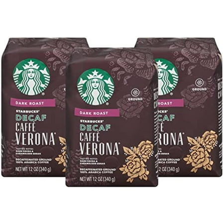 Starbucks Decaf Caffe Verona Ground Coffee  Dark Roast  Decaffeinated Ground Coffee  100% Arabica Coffee  Dark Cocoa Texture  12-Ounce Bag (Pack of 3 