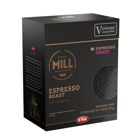 Mr and Mrs Mill Dark Roast Espresso K-fee® & Starbucks® Verismo* Compatible | 72 Count (6 Boxes X 12 Pods) | Dark Roast Single Serve Espresso Pods