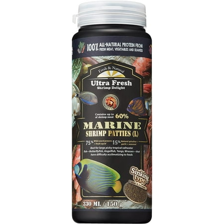Ultra Fresh Marine Fish Food  75% Sword Prawns + Squids  Natural Protein  Color Enhancement  for Large Saltwater Fish  Marine Shrimp Patties L 5.29oz