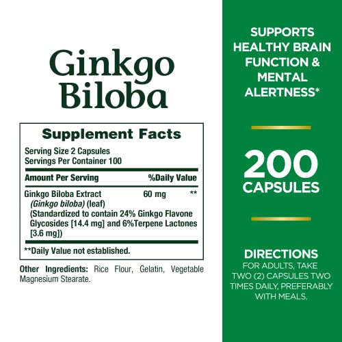 Nature's Bounty Ginkgo Biloba 60 Mg, 200 Capsules (17243) thumbnail