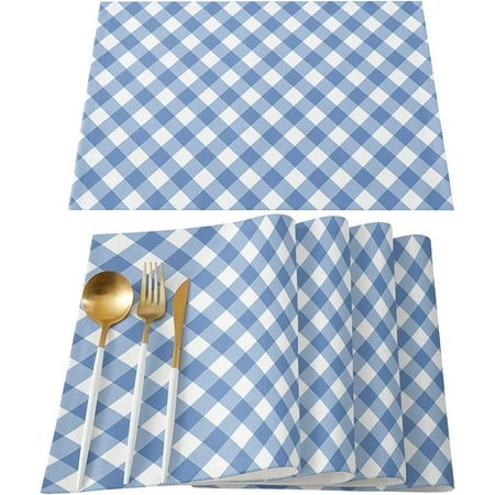 Light Blue Lattice Placemats for Kitchen Set of 6 White Buffalo Plaid Non-Slip Waterproof Table Mat