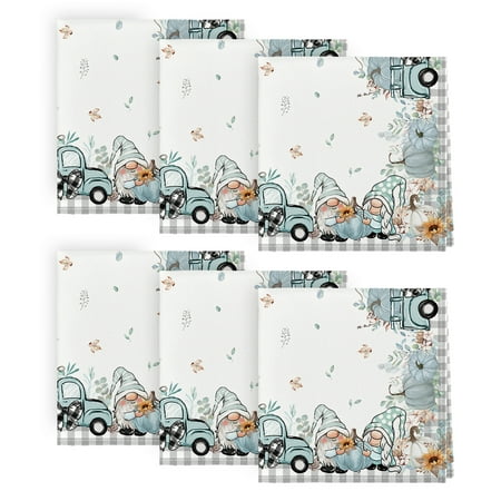 Smile Blue Truck Gnome Pumpkin Buffalo Check Plaid Fall Thanksgiving Cloth Napkin 18 X 18 Inch Set of 6