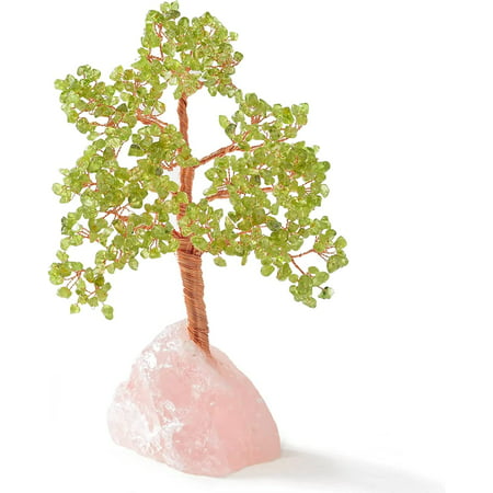 GEDUBIUBOO Premium Natural Peridot (414 Gemstone Count) Chakra Crystal Tree with Rose Quartz Base with Healing Properties - Bonsai Feng Shui Money Tre