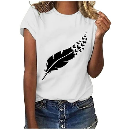 CLZOUD Dress Shirts for Women White Polyester Cotton Women Casual Printing Short Sleeves O-Neck Loose T-Shirt Blouse Tops S