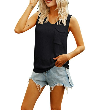 CLZOUD Halter Tops for Women Black Women S Ice Silk Pocket Large Size Button Design Solid Color Knit Vest for Women L