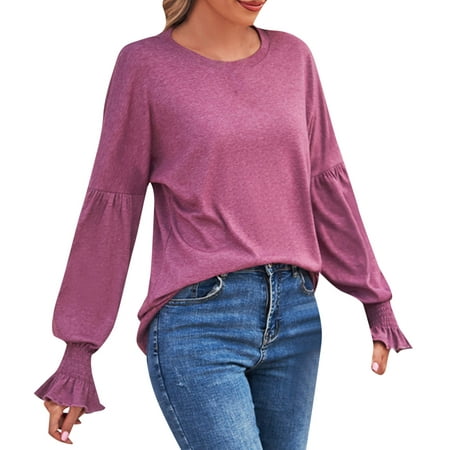 CLZOUD Women Shirts Summer Red Women Round Neck Top Long Sleeve Cuffs Solid Color Long Casual Fashion T Shirt Xl