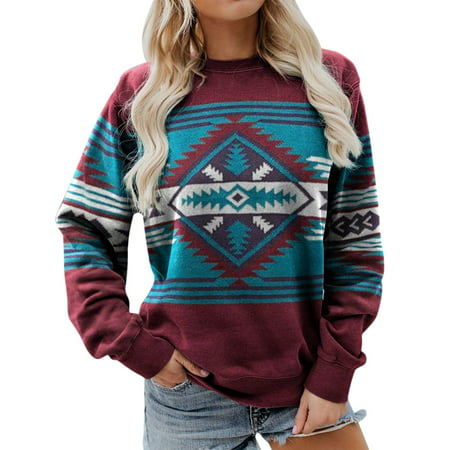 CLZOUD Womens Blouses and Tops Dressy for Work Polyester Women S Loose Round Neck Western Style Digital Printing Color Long Sleeve Top Xl