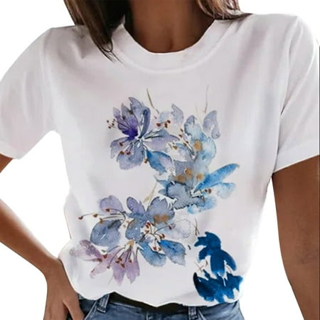 CLZOUD Work Shirts for Women Business Light Blue Women Summer Casual O Neck Floral Print Short Sleeve T Shirt Top M