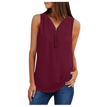 CLZOUD Basic Tank Tops for Women Wine Womens Casual Vest Shirt Ladies V Neck Sleeveless Loose T-shirt Blouse Tee Top