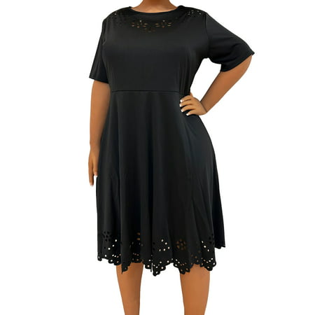 GWAABD Plus Size Summer Dresses for Women Womens Solid Color Large Loose Round Neck Short Sleeve Large Swing Skirt Solid Color Dress