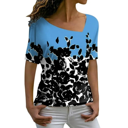 CLZOUD Womens Shirt Dress Blue Women S V Neck Rose Print Casual Top T Shirt S
