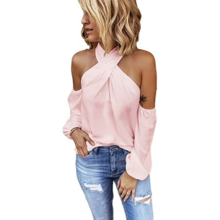 Women Fashion Blouse Halter Solid Colog Long Sleeve Shirt Casual Off Shoulder Plus Size Blouse Sale 12989