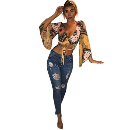 CLZOUD Womens Shirts and Blouses Yellow Chiffon Women Printing Pattern Bandage Long Sleeve V Neck T-shirt Tops Blouse L