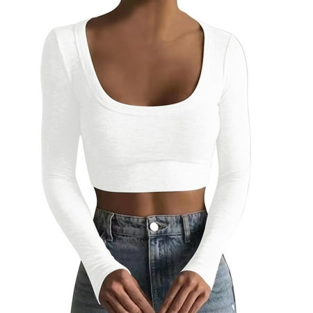 CLZOUD Womens T-shirt White Women S High Waisted Navel T Nocollar Collar Show Thin Longsleeved Shirt S