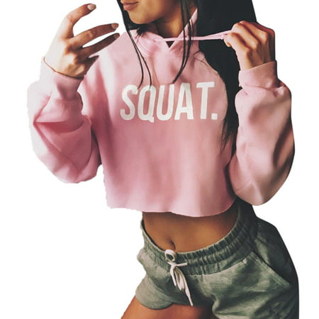 CLZOUD Womens T-shirt Pink Polyester Women Fashion Active Long Sleeve Crop Top Letter Print Loose T-shirt Hooded M