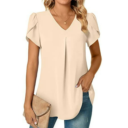 CLZOUD Women Tops and Blouses Dressy Casual Beige 2023 Women S Summer Fashion Chiffon Shirt V Neck Short Sleeved Tunic Top Suitable for Leggings L