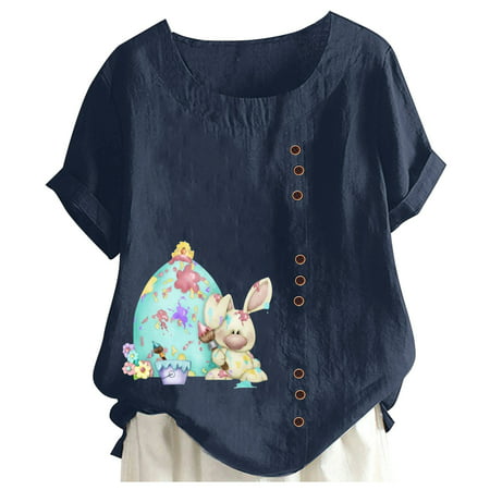 CLZOUD Casual T Shirt Women Blue Women Cotton Linen T Shirt Tops Casual Loose Fit Print Tees Short Sleeve Plus Size Button Tunic Blouses L