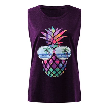 CLZOUD Sleeveless Vest Tank Top Purple Women S Colorful Pineapple Print Crewneck Sleeveless T Shirt Halter Xxl