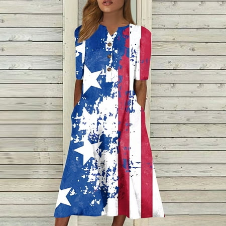 Perfect Summer Gift HIMIWAY Maxi Cheap MIDI Wedding Guest Plus Size Women 7287 Summer Loose Casual Large Size Independence Day V-Neck Sleeveless Dress