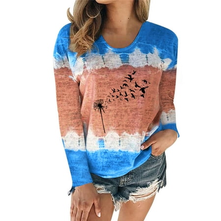 CLZOUD Casual Blouse for Women Blue Womens Casual Fashion Round Neck Tie Dye Printing Long Sleeve T Shirt Blouse Tops M