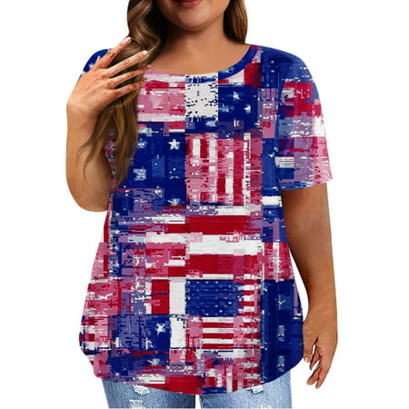 CLZOUD Women S Dressy Blouses Blue Womens Plus Size Tops Short Sleeve Shirts O Neck Tunic America Flag Print Summer Tees Blouse L