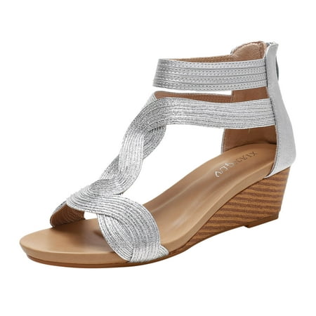GWAABD Women Sandals Wide Width Fashion Spring Summer Women Sandals Mid Heel Wedge Back Zipper Open Toe Ankle Strap Solid Color Comfortable Roman Styl