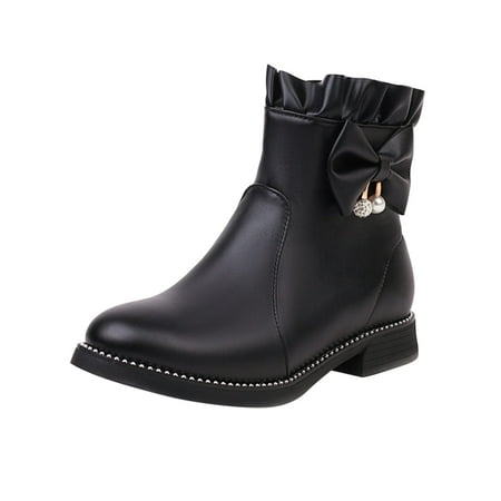 GWAABD Booties for Women Low Heel Ladies Cute Fashion Bow Solid Color Flat Round Toe Square Heel Short Student Style Boots