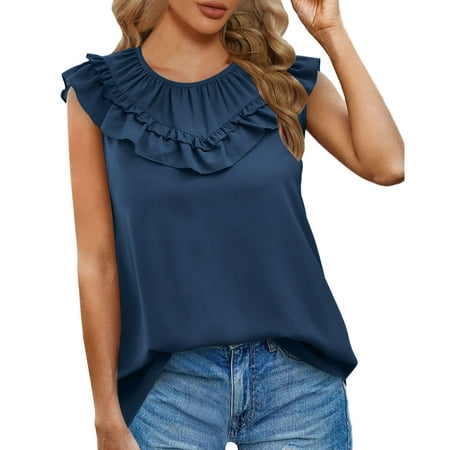 CLZOUD Cute Tank Top for Women Pack Navy Womens Summer Tank Tops for Women Sleeveless Chiffon Blouses Ruffle Elegant Top