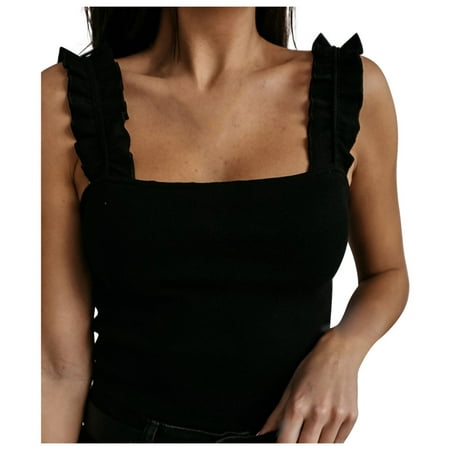 CLZOUD Tank Top Cropped Black Linen Women Ladies Loose Sleeveless Solid Square Neck Pullover Crop Tops Shirt S