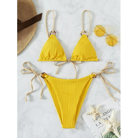 MrYGroup TBD Sexy Bikini Set 2022 Cute White Ring Linked Triangle Tie Side Triangle Thong Biquini Swimsuit Swimwear Women Bathing Suit
