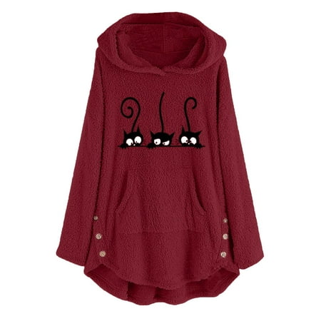 GWAABD Cape Blazer Womens Cat Embroidery Plus Size Warm Hoodie Top Button Sweater Blouse