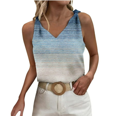 CLZOUD Plus Size Summer Tank Tops for Women Khaki T Shirt for Women Floral Print Shoulders Knotted Loose Tank Top Sleeveless V Neck Tees Casual Tunic 