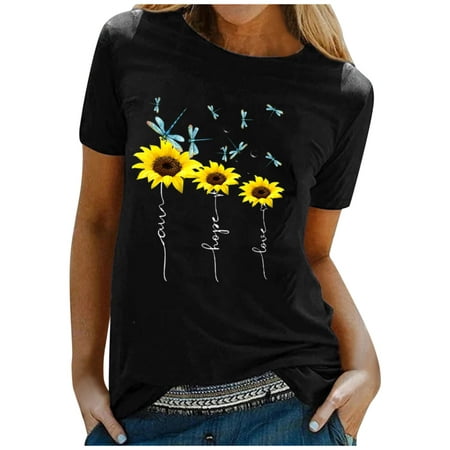 CLZOUD Womens Plus Size Shirts Black Polyester Women Casual Printing Short Sleeves O-Neck Loose T-Shirt Blouse Tops M