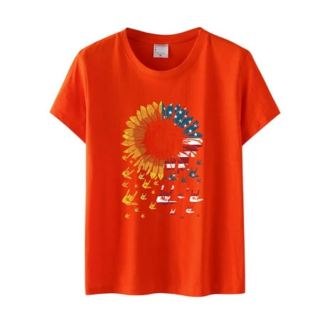 CLZOUD Work Shirts for Women Business Casual Orange Cotton Womens American T Shirts Summer Cute USA Flag Sunflower 4th July Patriotic Tees Tops S