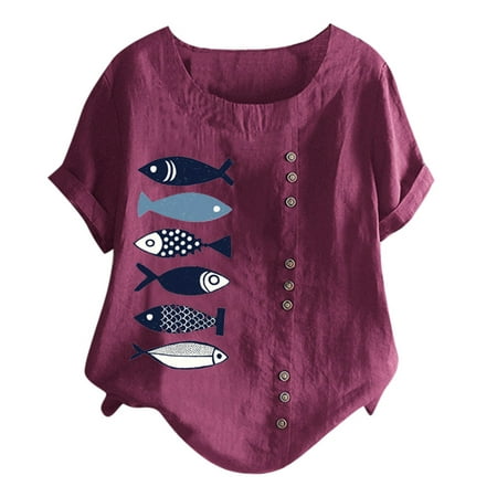 CLZOUD Summer Tops Women Women Casual Plus Size O-Neck Printed Loose Button Tunic Shirt Blouse Tops