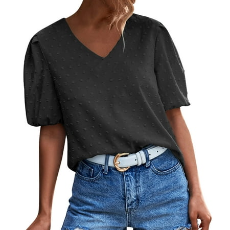 CLZOUD Summer T Shirt for Women Black Womens Summer V Neck Polka Dot Short Sleeve T Shirt Casual Top L