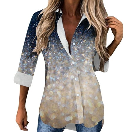 GWAABD Long Sleeve Shirt for Women Women Casual Spring and Summer Shiny Printed Long Sleeved Lapel Button Shirt