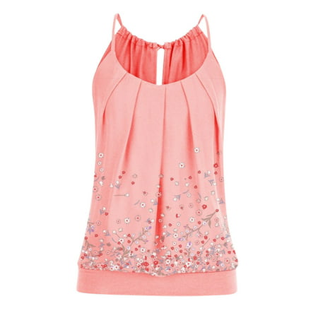 GWAABD Wide Strap Crop Halter Top Women S Summer Loose O Neck Pleated Tank Tops Floral Print Banded Waist Top