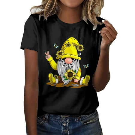 CLZOUD Blouses for Women Business Black Women S Classic Version Type Cotton Short Sleeve Crewneck T Shirt Fun Printed Bee Festival S